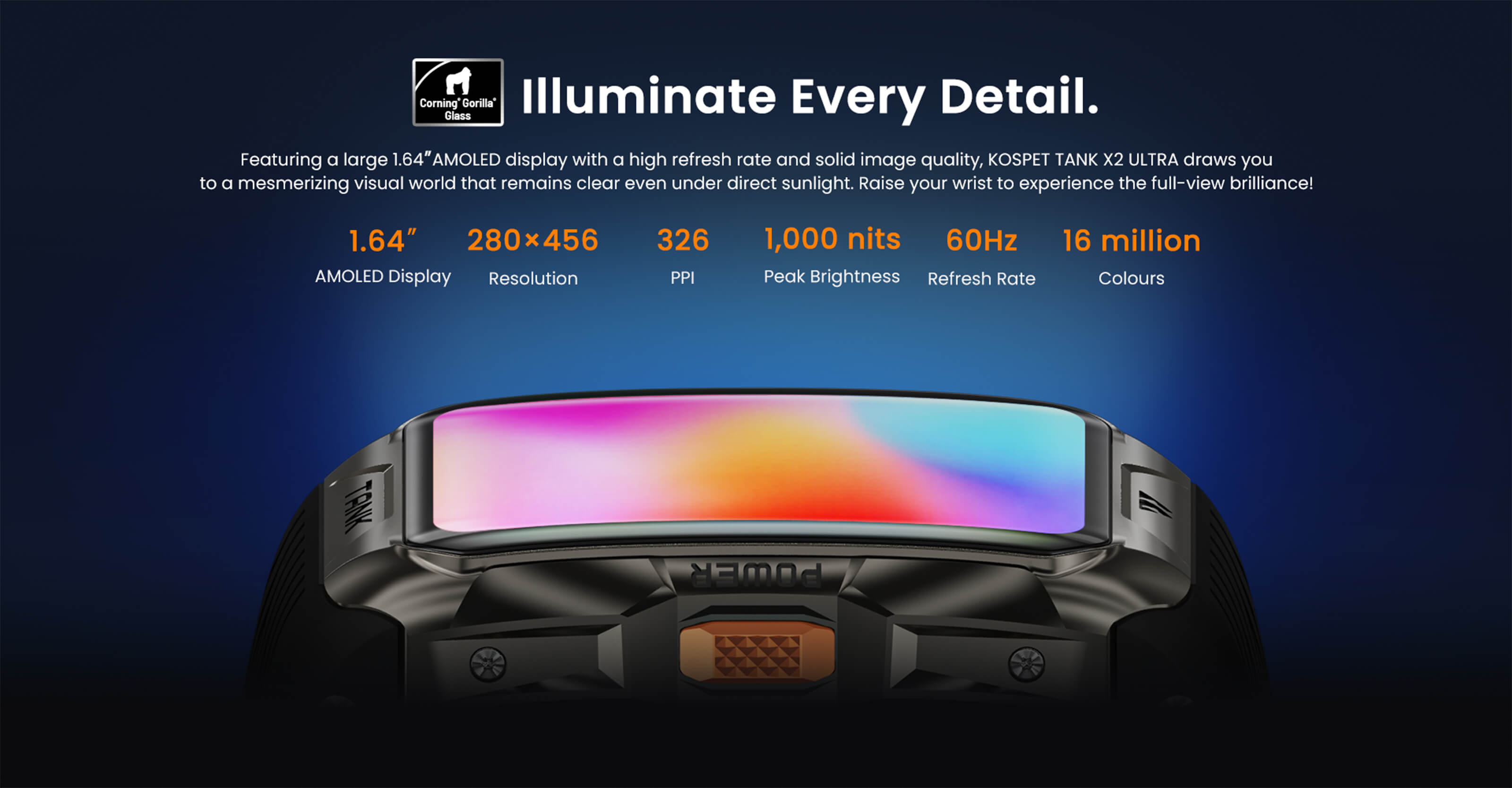 RUGGED TANK X2 ULTRA Smartwatch Smartband with always-on AMOLED display on its generous 1.64" screen.