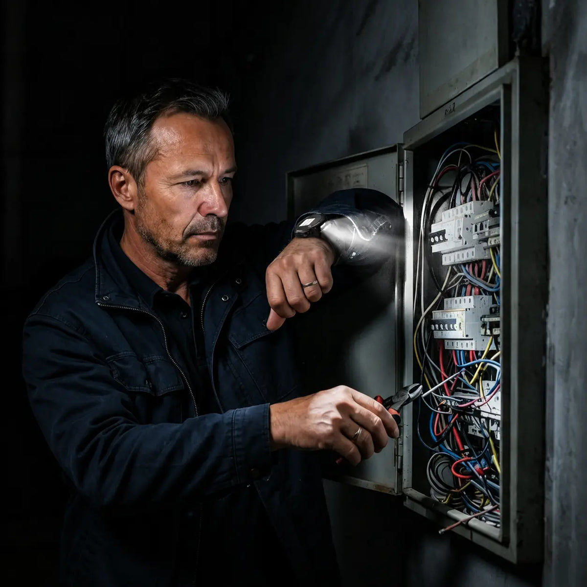 Man using a KOSPET lightweight smartwatch with a built-in LED flashlight while working in a dark electrical cabinet

